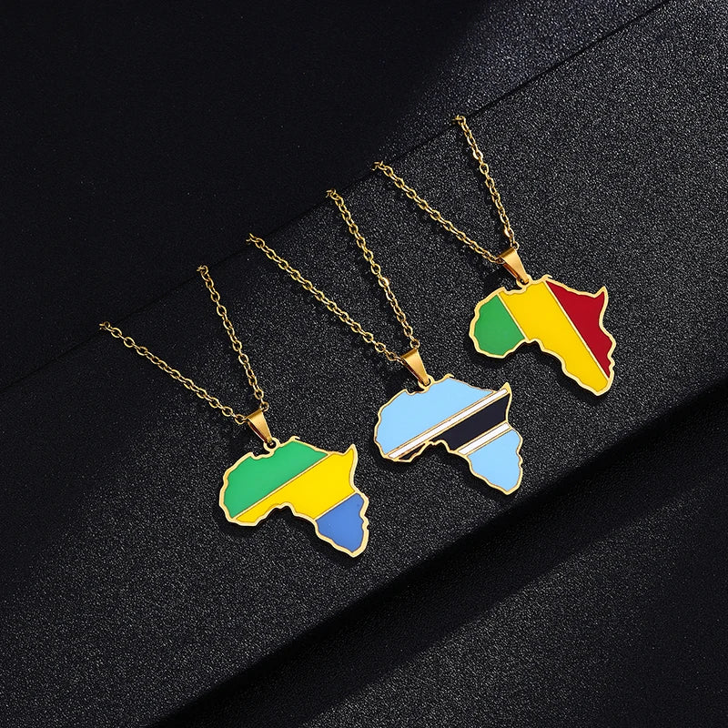 African Map Flag Pendant Necklace Stainless Steel Men Women Rwanda Sudan Uganda Zimbabwe Zambia Ethnic Maps Jewelry Gift