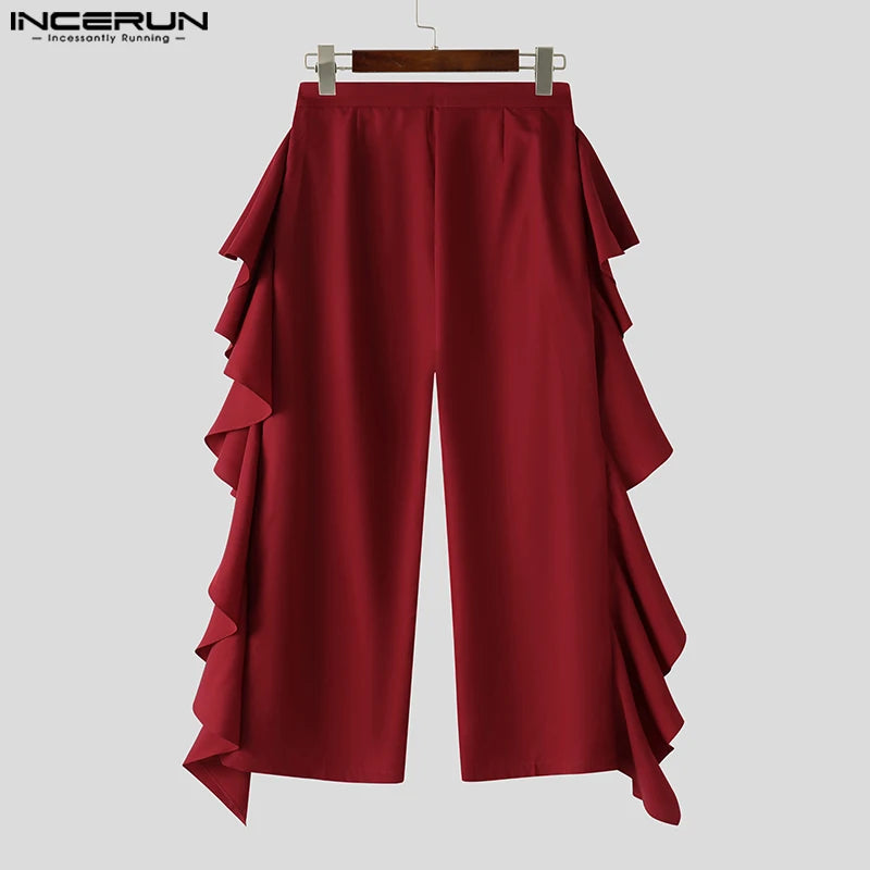 INCERUN 2025 American Style Trousers Fashion New Men Double-layer Flounce Pants Male Casual Solid Color Wide Leg Pantalons S-5XL