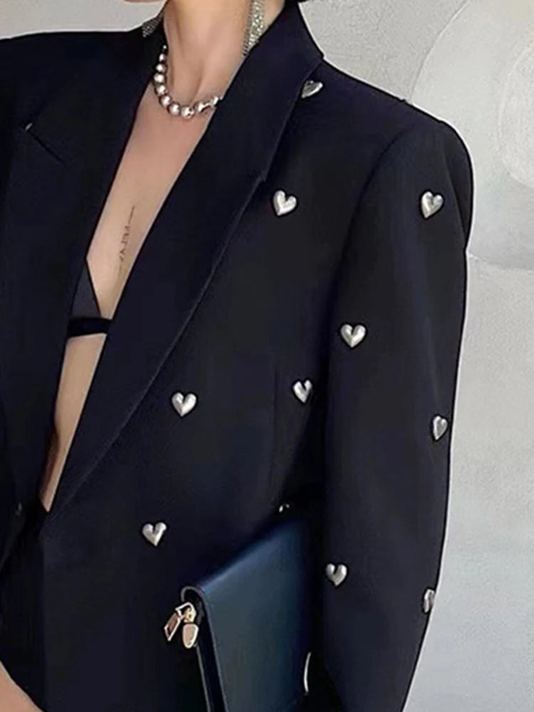 DEAT Fashion Women Blazer Notched Collar Long Sleeves Single Button 3D Love Rivet Decoration Suit Jackets Autumn 2025 New 7AB858