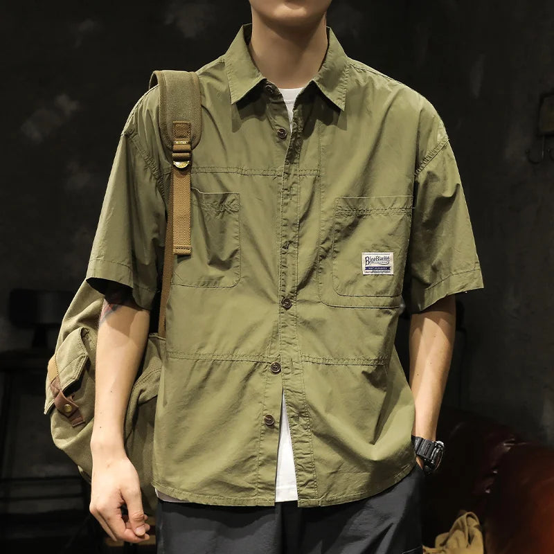 American Casual Short Sleeve Shirt For Men Summer Fashion Comfortable T-shirt 2026 New High Street Plain Lapel blouses hombre