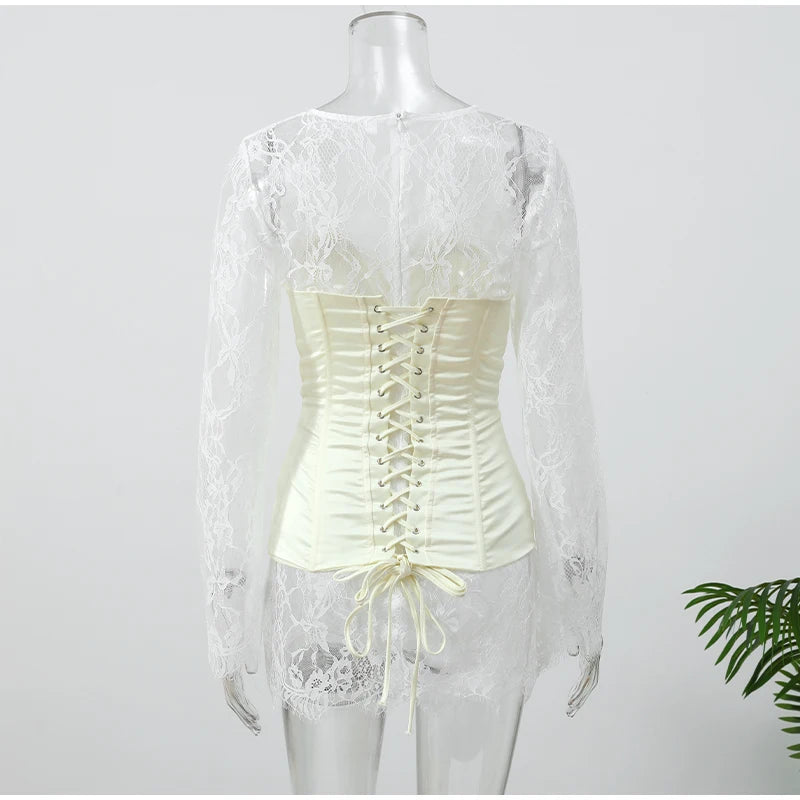 Sexy Lace Patchwork Dress Women Solid V-neck Fishbone Corset Slim Waist Long Sleeve Mini Dresses 2026 Summer Lady Party Gown