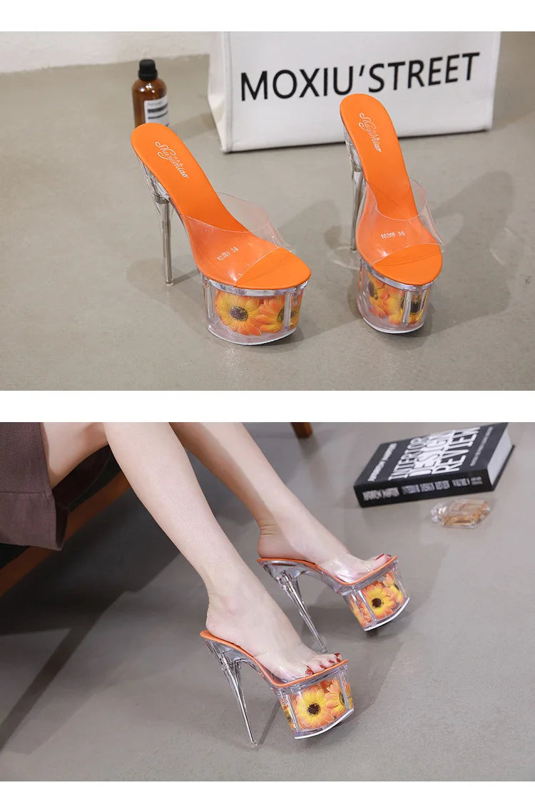 Crystal Transparent Shoes Women 17.5CM Super High Heels Plus Size Nightclub Sandals Clear Thin Heeled Fashion Female Slippers