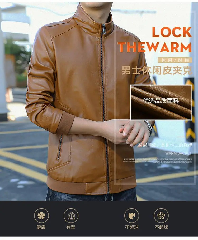 Trendy Casual Loose Jacket for Men with Velvet Thickened Winter with PU Leather Stand Collar