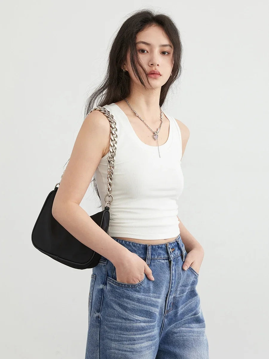 CHIC VEN Women Tanks New Solid Color Tees U-neck Pleated Vest Suspender Sleeveless Slim Female Top Spring Summer 2024