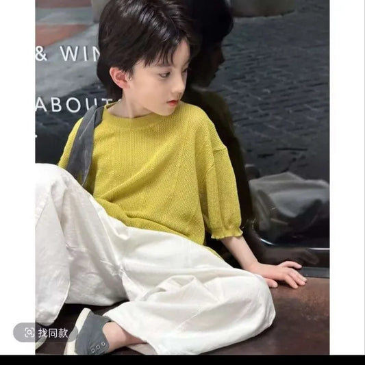 Boys Casual Outfit Short Sleeve Knit T Shirt Linen Cotton Wide Leg Pants Kids Summer Loose Streetwear Set