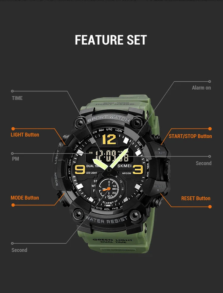 Skmei Men's Military Sport's Wristwatch Fashion Big Size Dial Quartz Analog Three Time Zone Male Led Waterproof Stop Watches