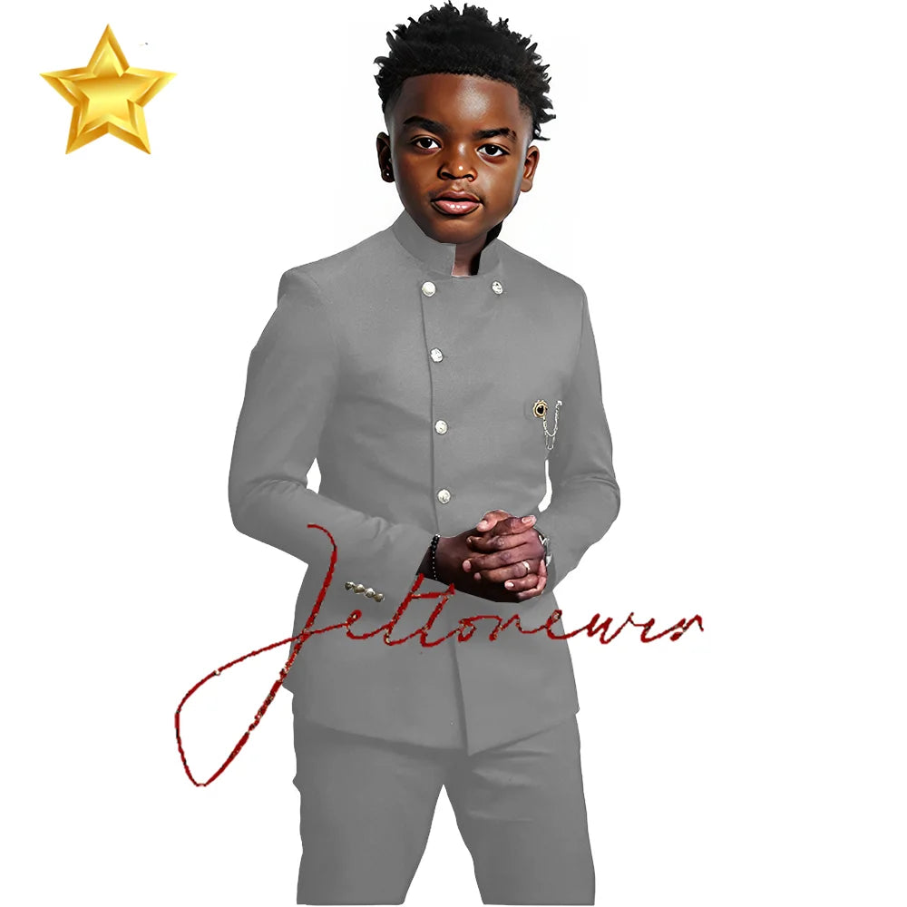 Elegant African Style Boy's Suit Stand Collar Blazer and Pants 2 Piece Casual Business Kids Wear