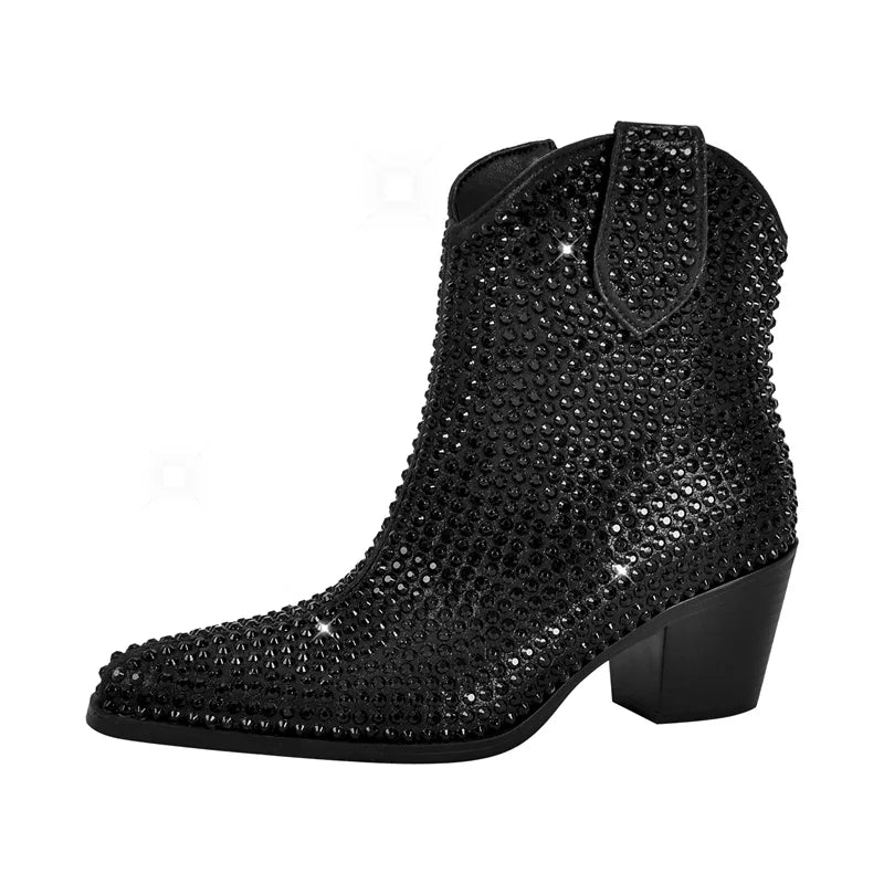 Onlymaker Pointed Toe Rhinestone Ankle Boots Glitter Bling Shiny Super Pretty Gorgeous Artificial Diamond Westen Cowgirl  Boots
