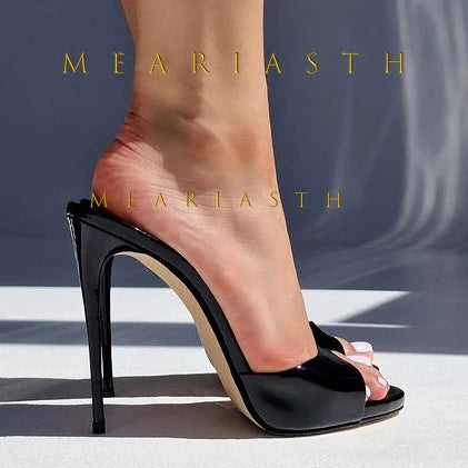 Red Patent Leather Stiletto Slippers Open Toe Solid Sexy High Heels Summer 2025 New Nightclub Outside Plus Size 45 Luxury Shoes