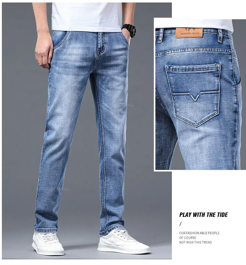 Classic Summer Men's Thin Stretch Fit Jeans Business Casual Slim Fit Denim Pants Soft Fabric High Quality Straight Leg Trousers