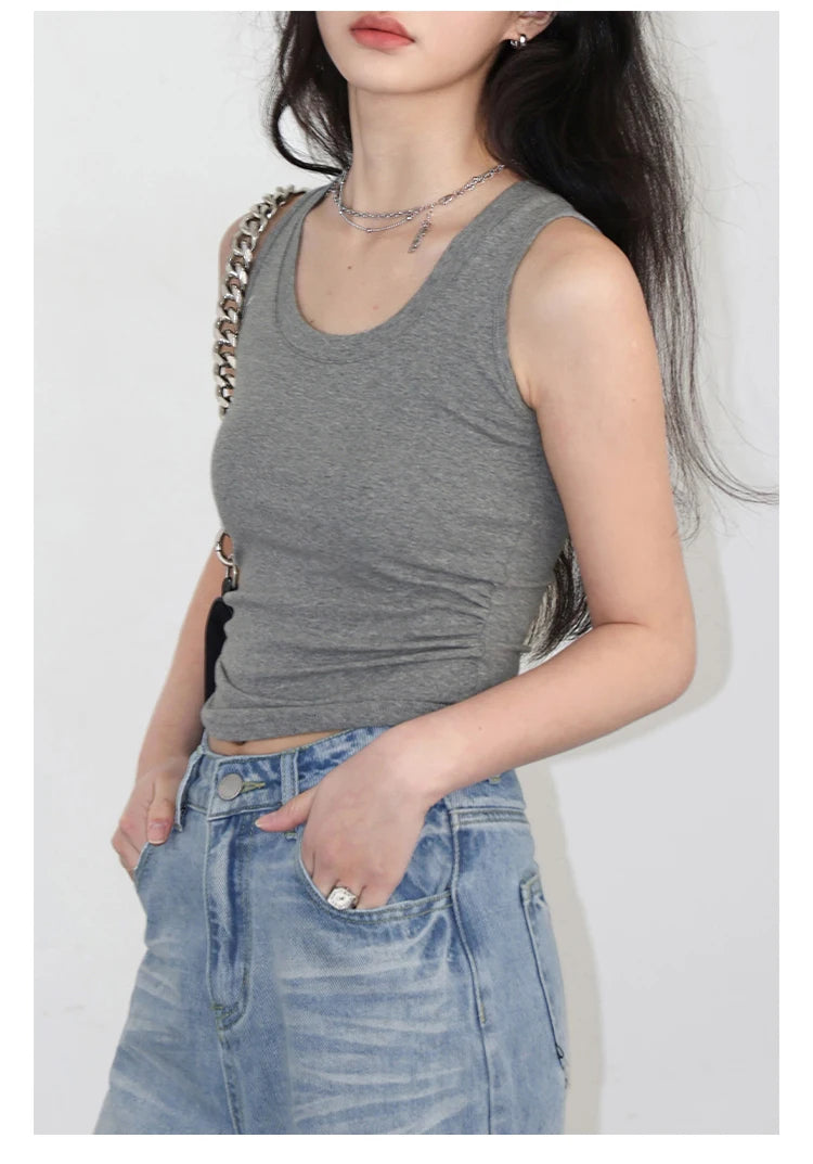 CHIC VEN Women Tanks New Solid Color Tees U-neck Pleated Vest Suspender Sleeveless Slim Female Top Spring Summer 2024