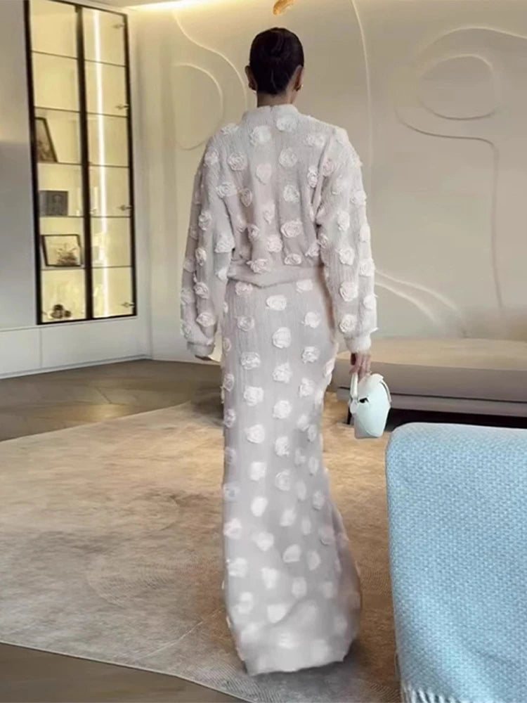 Knitting 3D Flower Tops Long Skirts Sets Women Elegant Lantern Sleeve Top Suit With Hip Package Skirt Lady 2025 Spring Outfits