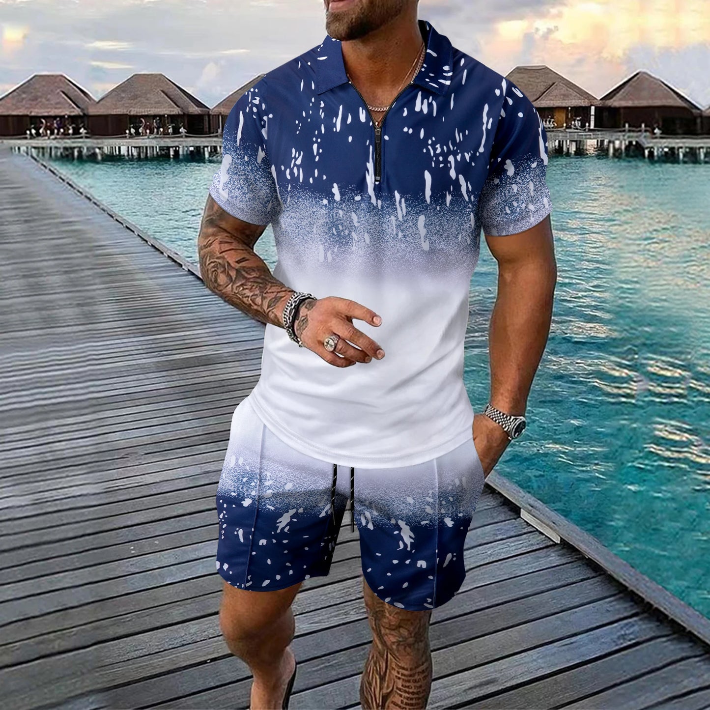 Interesting Men's Short Sleeved Set 3D Checkered Printed Fashionable Zipper Polo Shirt Suit Loose Summer T-shirt Set Ropa Hombre