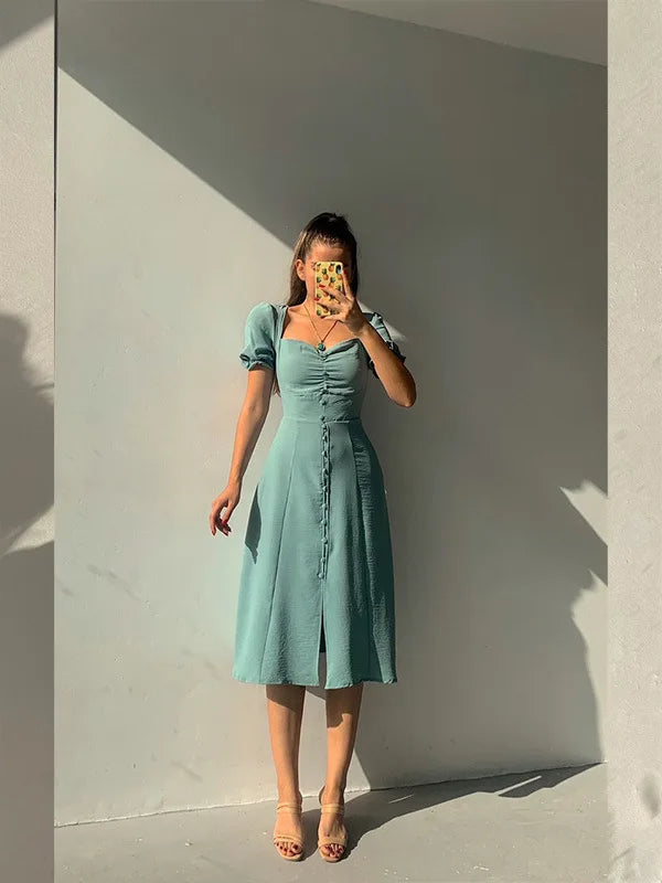 2024 Summer Fashion Summer Skirt Holiday Style Sexy Women's Dress V-neck Single Breasted Shrugged Mid Length Dress