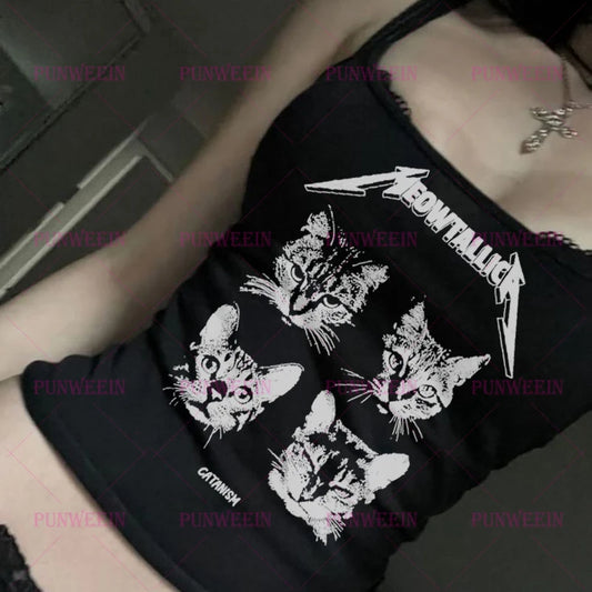 Punk Subculture cat Graphic print vibe Women Slim crop top Gothic band Vintage Baby Tees Sexy vest 90s Y2k vibe Style Streetwear