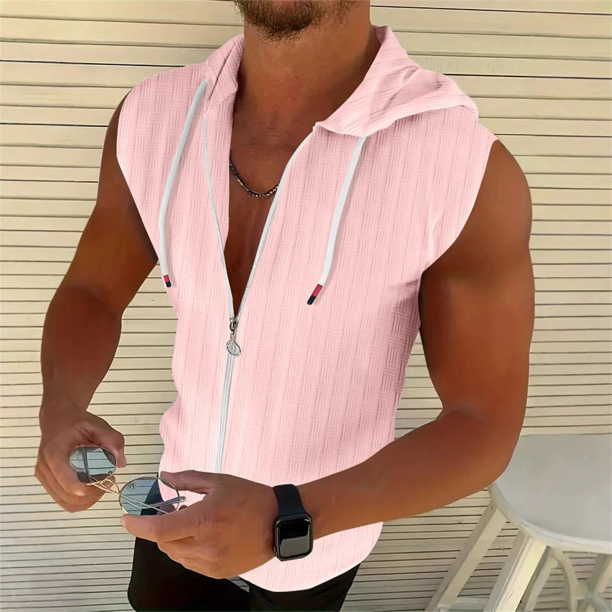 New Summer Sleeveless Zippered Jacquard Sportswear For Men  Fashionable Casual Men's Sportswear Breathable Shirt