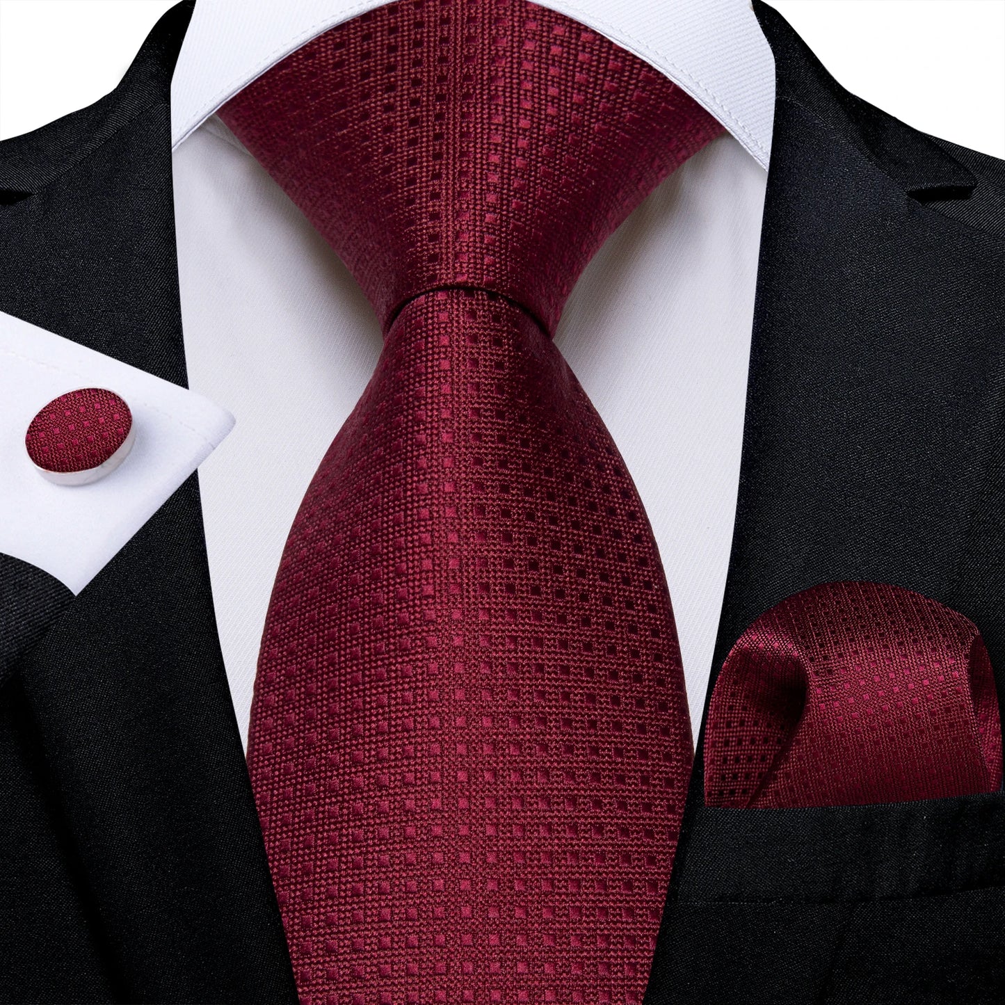 Dark Red Plaid Silk Ties for Men Classic 8cm Business Wedding Party Accessories Pocket Square Cufflinks Gift DiBanGu Dropship BAZAARHUBO
