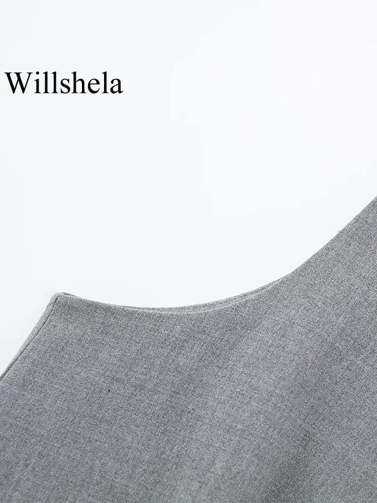Willshela Women Fashion 2 Piece Set Grey Single Breasted V-Neck Vest & Vintage High Waist Shorts Female Chic Lady Shorts Set