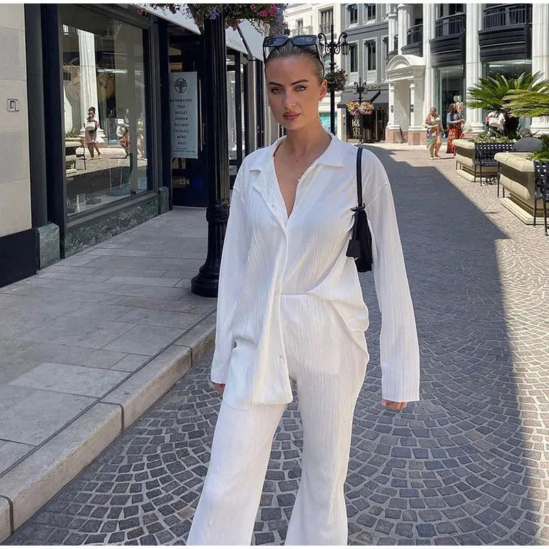 New Two Piece Set Women Outfits Pleated Women's Elegant  Drape Loose Sets Shirt High Waist Trousers Female Suit Fashion Casual