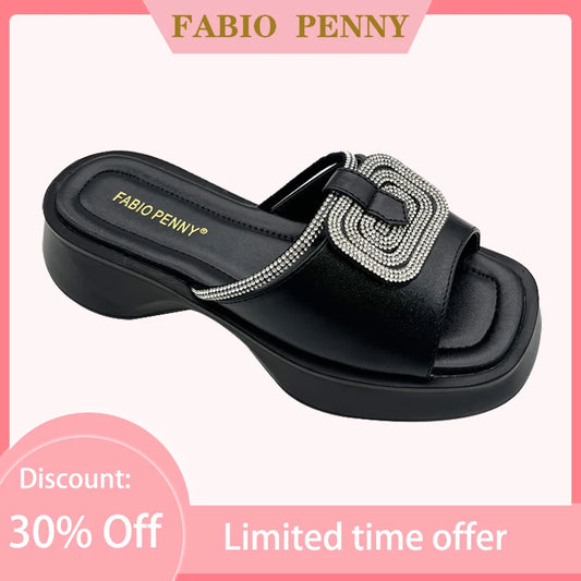 FABIO PENNY2026 new solid-color exquisite water diamond design thick-soled women's fashionable slippers and party sandals