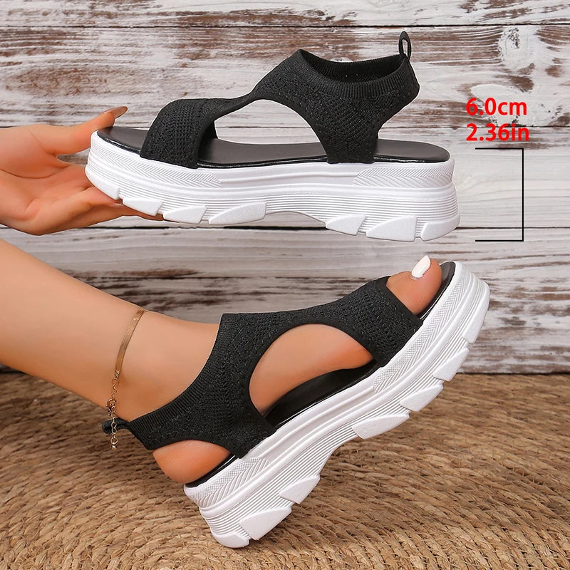 Hollow Out Knit Platform Sandals for Women 2025 Summer Fashion Breathable Sports Sandals Woman Thick Sole Non Slip Walking Shoes