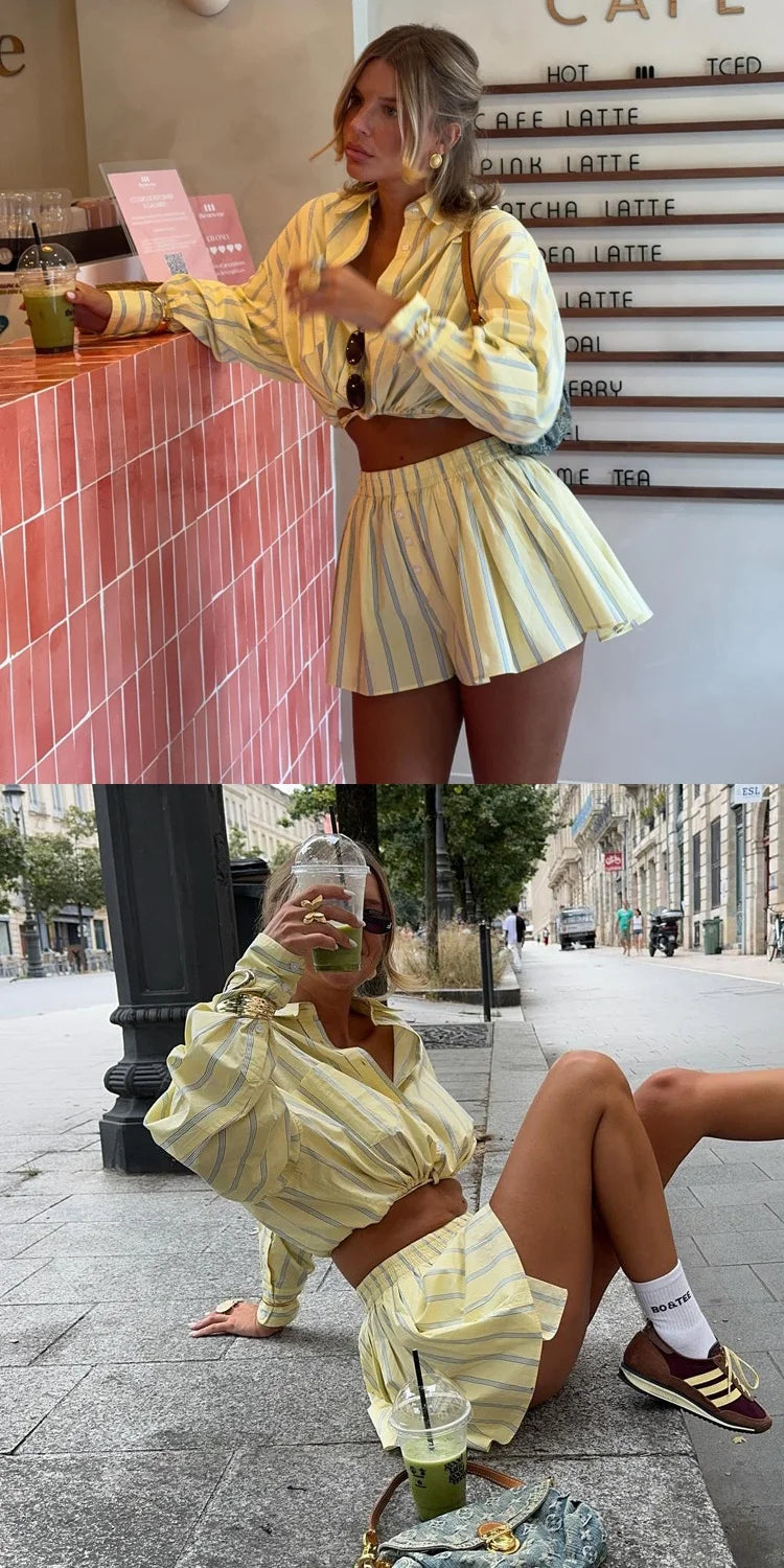 Casual Striped Long Sleeve Shirt And High Waist Skirt Two-Piece Set Women's Fashion Spring Outfit Teen Girls Casual Wear