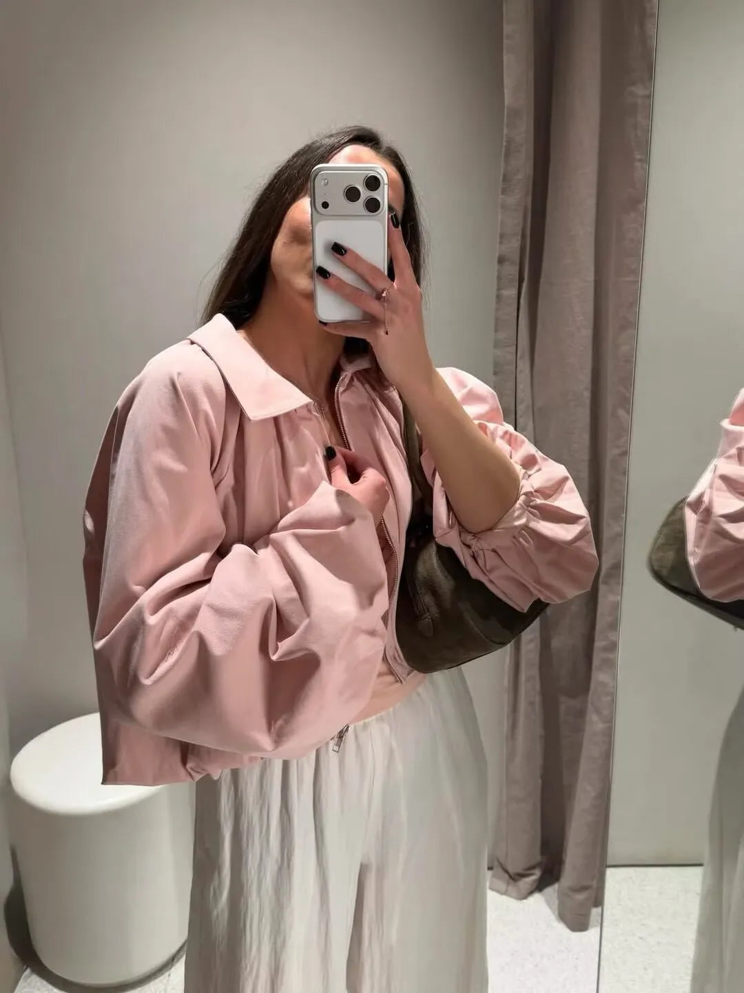 YENKYE New 2026 Women Pink Puff Sleeve Pleated Bomber Jacket Front Zipper Casual Loose Crop Coat