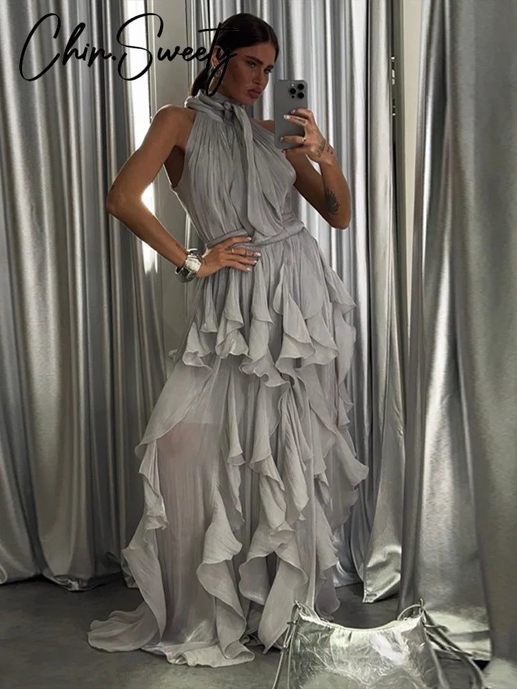 Sexy Cascading Ruffle Pleated Women Long Dress Fashion Lace Up Sleeveless Empire Female Dresses 2026 Spring Summer Lady Robe New