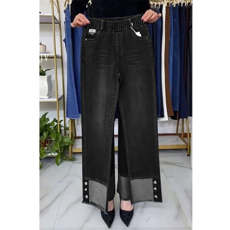 Plus Size Middle Aged Womens Jeans Elastic Waist High Waist Loose Denim Pants