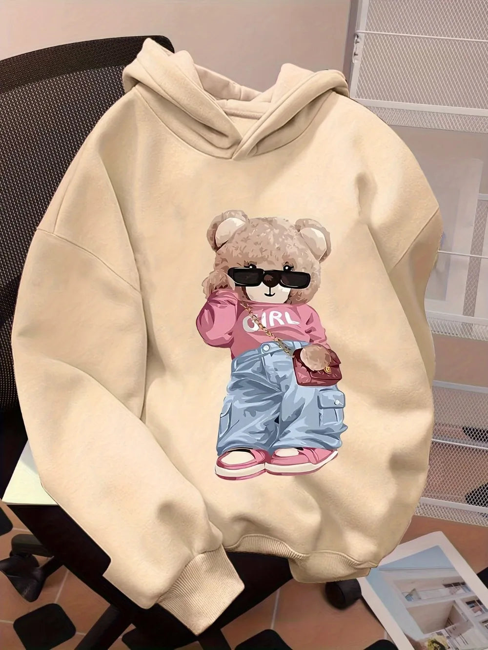 Cute Bear Cartoon Print Hoodie Casual Long Sleeve Pullover with Hood Fashion Casual HipHop Sweatshirt Harajuku Unisex