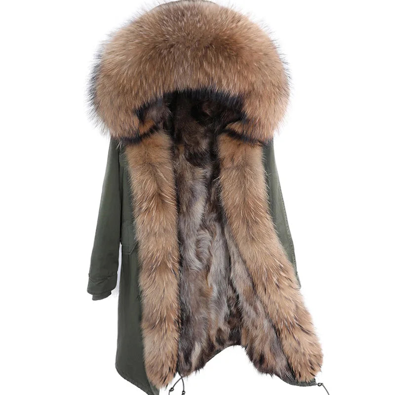 Maomaokong Winter Woman Natural Fur Overcoat Plus Size Black Parkas Raccoon Real Fur Lining Extra Larg Warm Jacket Coats Long
