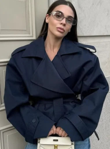 Lace Up Cropped Trench Coat Fashion Women Lapel Long Sleeves Wide Shoulder Windbreaker Jacket Lady 2026 Spring Commuting Outwear