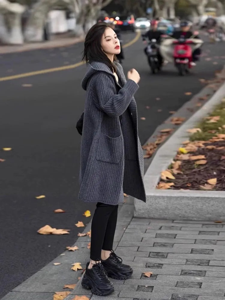 European hooded cardigan women's mid-length 100% cashmere sweater autumn and winter loose high-end lazy wind sweater coat