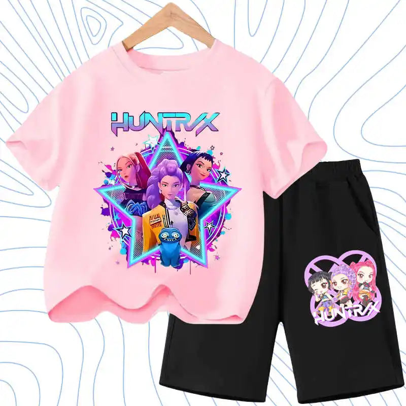 Kids Fashion Outfits Teen Children's O Neck Short Sleeve Tops Shorts 2pcs Summer Girls Casual T Shirt Sets K POP Cartoon Printed
