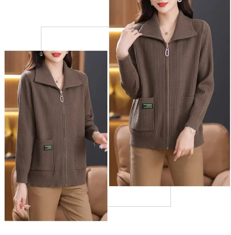 Knitted Cardigan Jacket Women Zipper Lapel Sweater Autumn Winter Outerwear