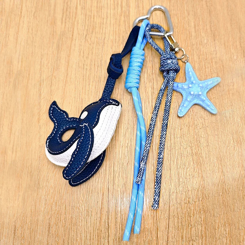 Exquisite Blue Whale Pendant Keychain,Cartoon Cute Starfish Whale Woven Rope Charm Car Bag Decoration Creative Gift