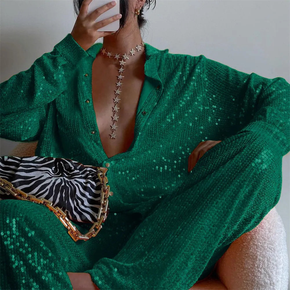 Women Fashion Tracksuits Shirt With Long Pants Three Pieces Sets Sequins Beading Clothing Outfits Women Blouses