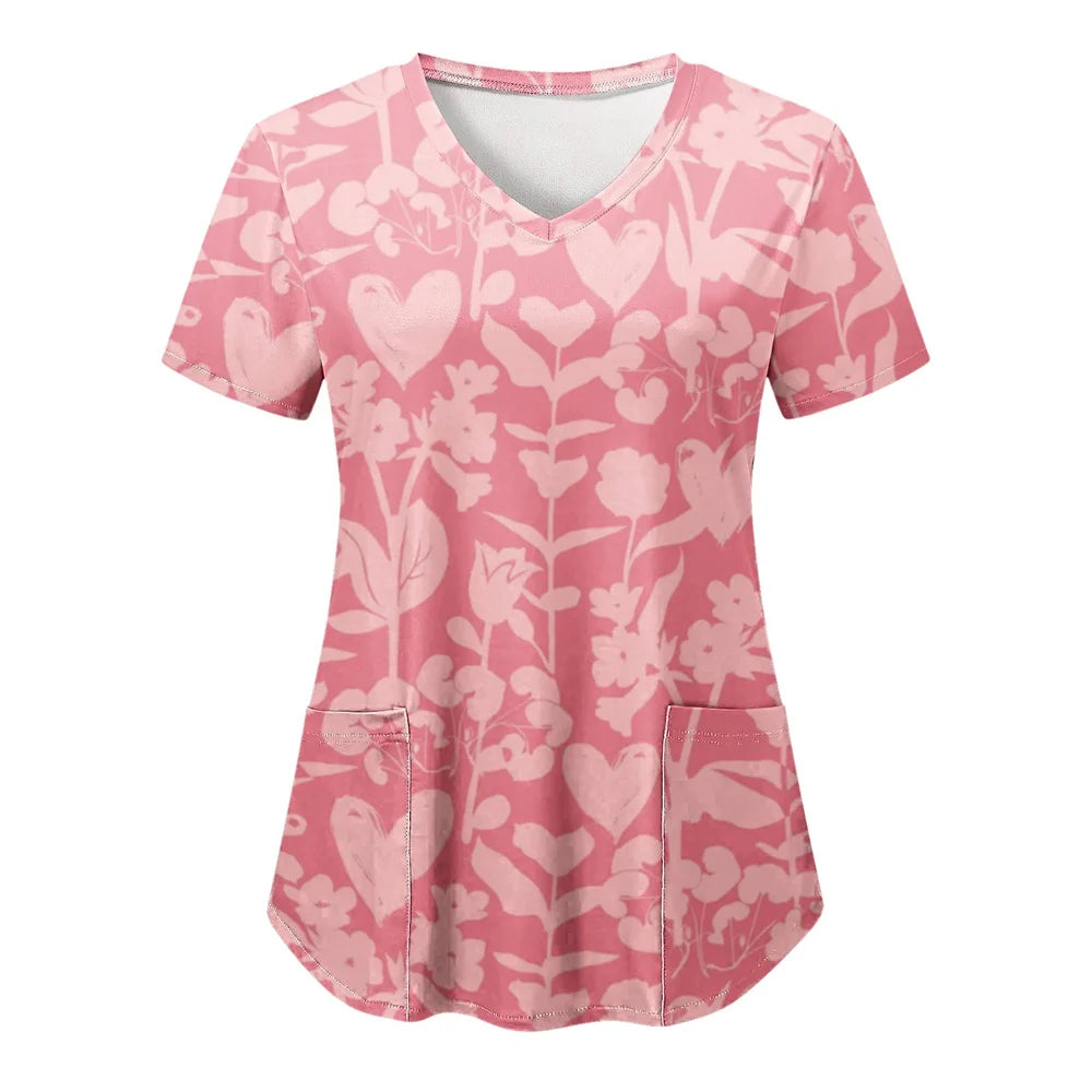 Tops Women Scrub Nurse Print Short Sleeve Cartoon V-Neck Tops Working T-Shirts Heart Print Healthcare Tunic Carers Workwear Tops