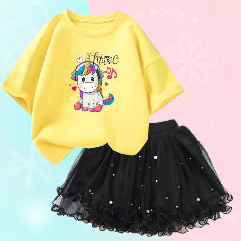 Dresses For Girl Summer Fashion Wear Outfit Kids T-Shirt Suit Unicorn Party Baby Costumes For Children Tulle Tutu Skirt Clothing