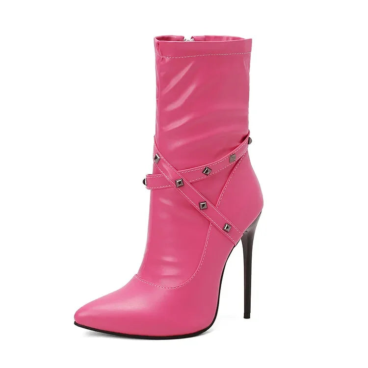 Autumn winter British style fashion high-heeled women's boots pointed toe Rivets party women's shoes high 12cm plus size 34-48