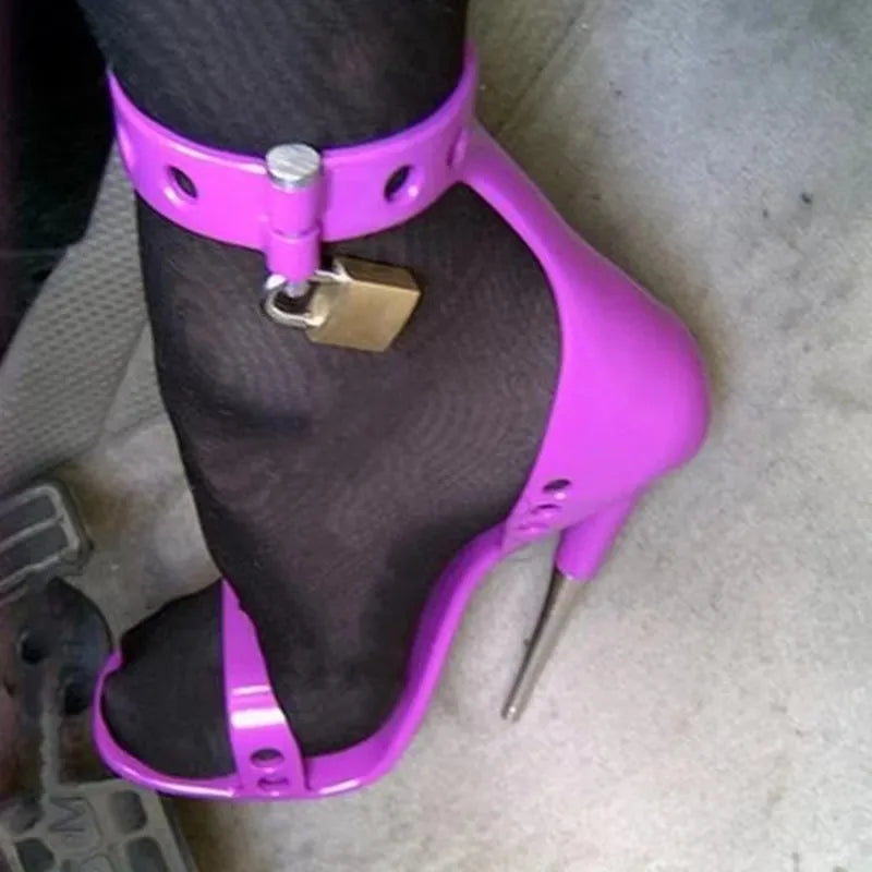 Padlock Metal Stiletto High Heels Sandals Purple Black Red Leather Big Ankle Strap Studded Celebrating Shoes