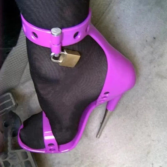 Padlock Metal Stiletto High Heels Sandals Purple Black Red Leather Big Ankle Strap Studded Celebrating Shoes