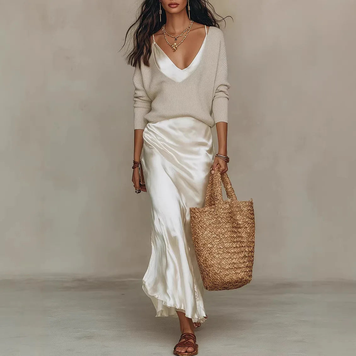 Women's Dress Set 2026 Spring Autumn New Solid Color Bright Surface Spaghetti Dress Knitted Top 2-piece Elegant Slim Commute Set