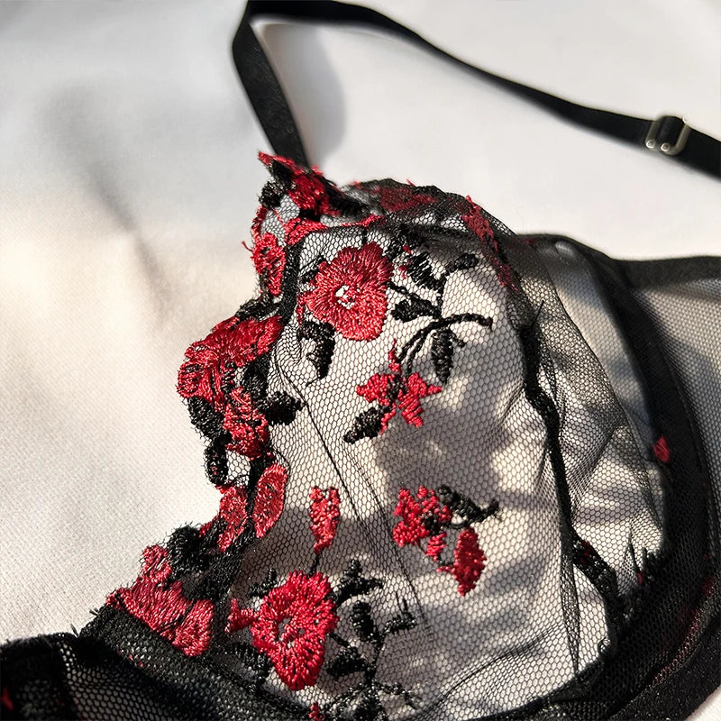 Sexy Underwear For Women Transparent Embroidered Small Flowers Bra Hot Lingerie Panties Intimates Woman Two Piece Set Clothing