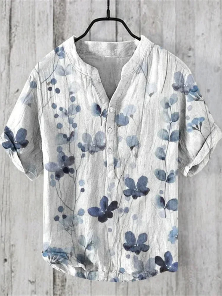 2025 New men's Linen short-sleeved Shirt Fashion Casual Printed Tops European And American Popular Style men's Clothing