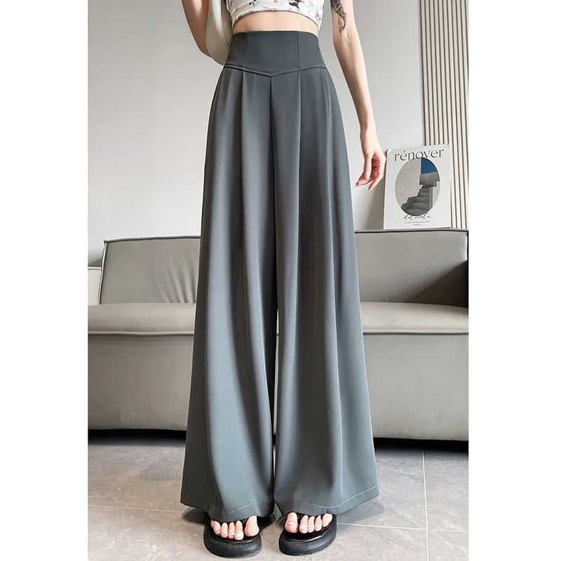 Lady Korean Solid High Waist Pants Girls Fashion Wide Leg Suit Trousers Women Slim Fit Comfortable Daily Slacks BAZAARHUBO