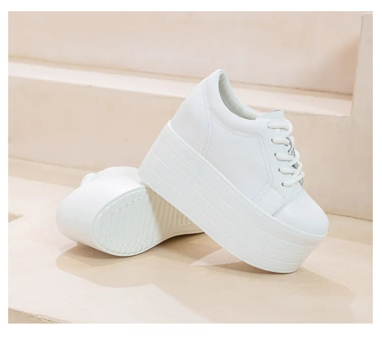 Fujin 12cm Genuine Leather Synthetic Women Autumn Spring Platform Wedge Women Fashion Sneakers Chunky Shoes Vulcanize Skateboard
