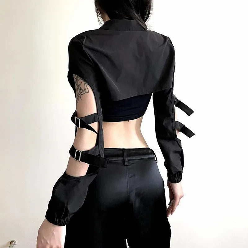 JOEVILU Women's Cyberpunk Goth Harajuku Crop Tops Long Sleeve Hollow Out Zipper T Shirt Y2K Grunge Streetwear Jacket for Dancing