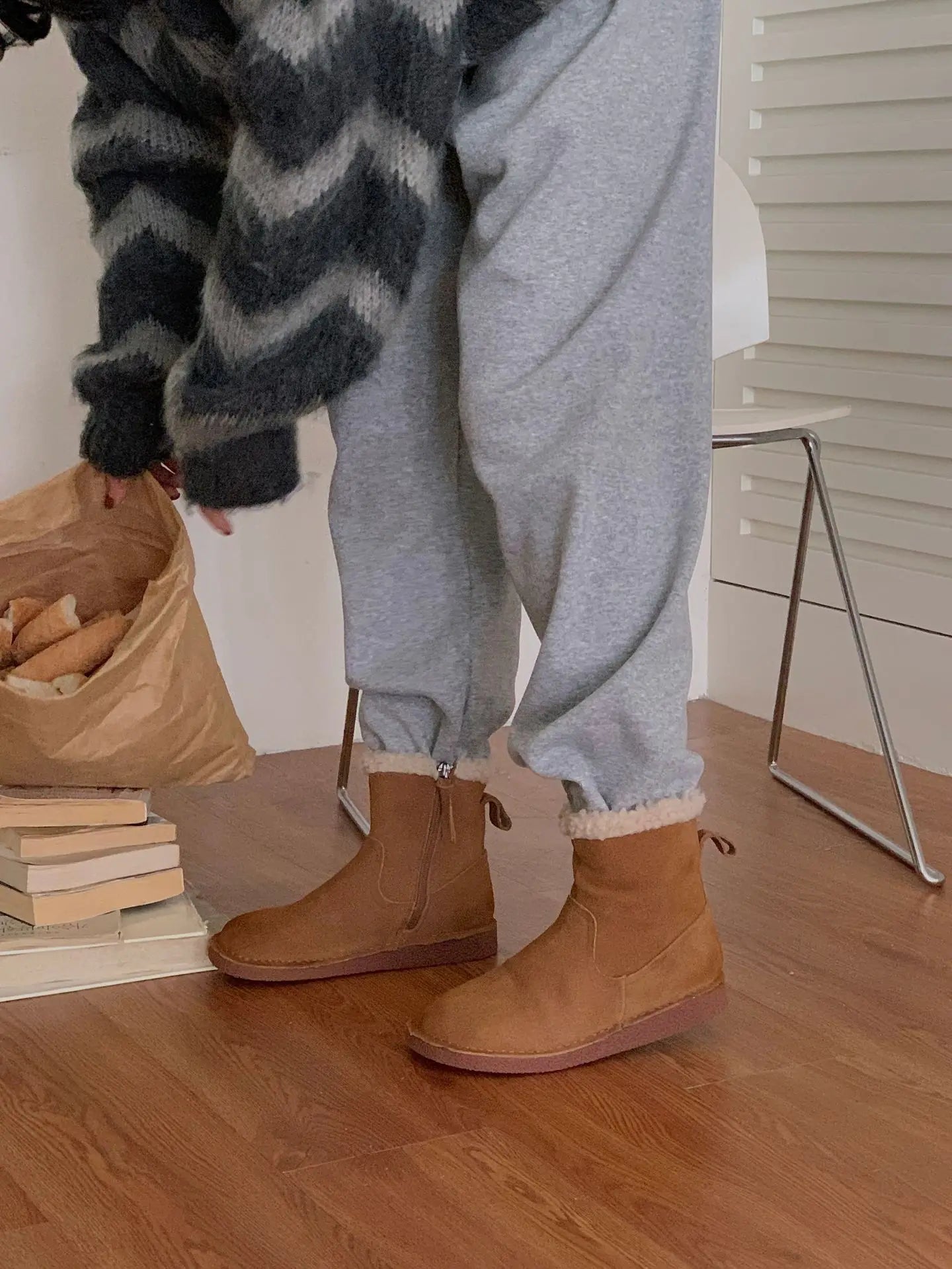 Careaymade-Genuine cow leather Snow cotton round head flats woolen short boots plush warm snow boots Oversized shoes size 35-43