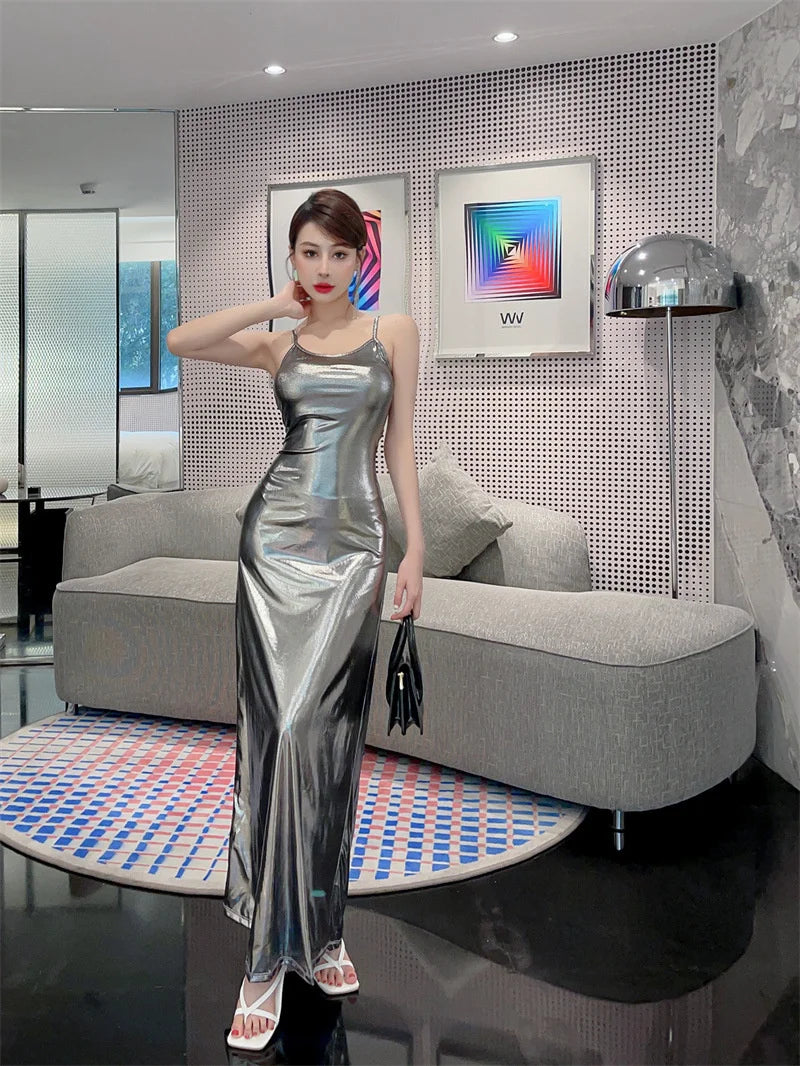 Sexy Style Light Luxury Spicy Girl Liquid Bright Female Korean Indie Style Silver Dress Elegant Party Fashion TemperamentBMI6